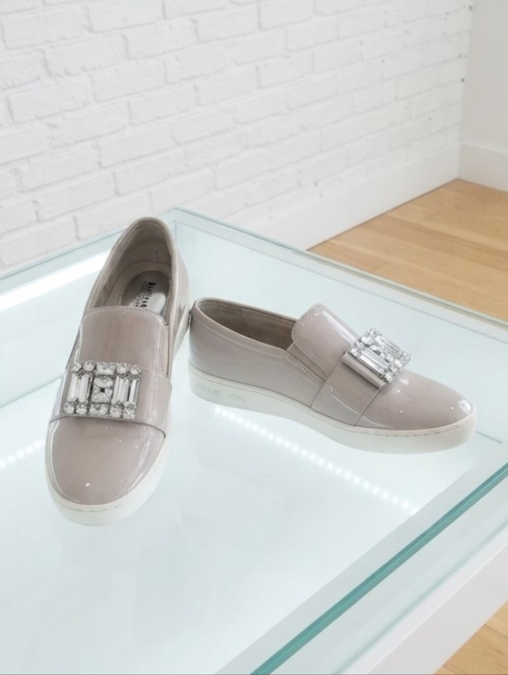 Michael Kors Nude Patent Slip-On Sneakers with Crystal Buckle